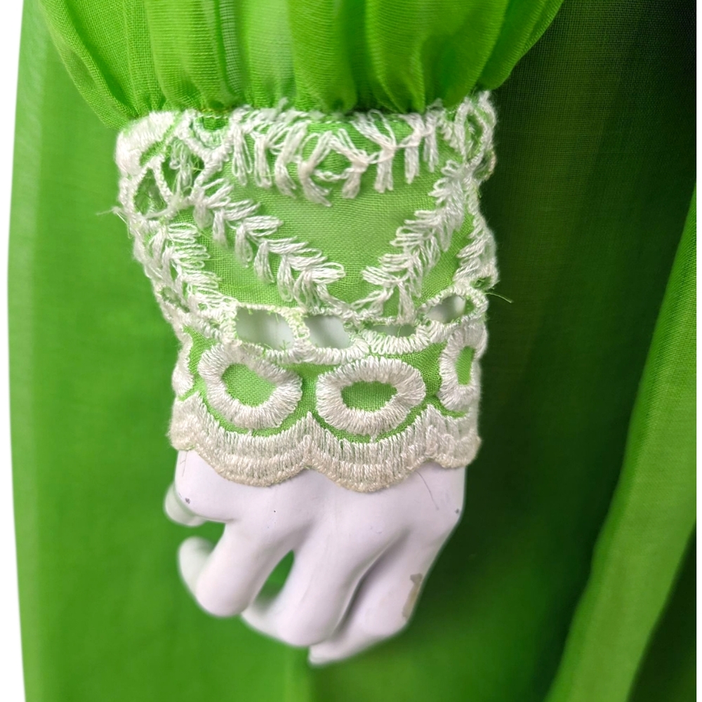 Vintage 70s Crochet Trimmed Maxi Peasant Dress Green Chiffon Overlay Womens S - Picture 14 of 14